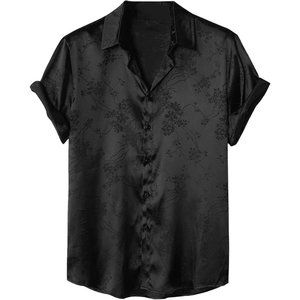 Men's Satin Floral Print Button Down Front Lapel Collar Solid Short Sleeve Shirt